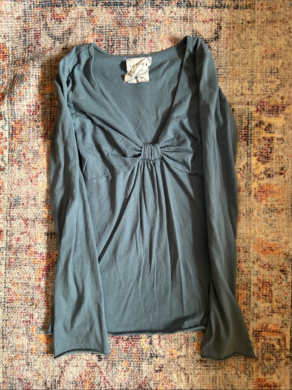 Velvet Long Sleeve Twist-Front Top in Slate Blue